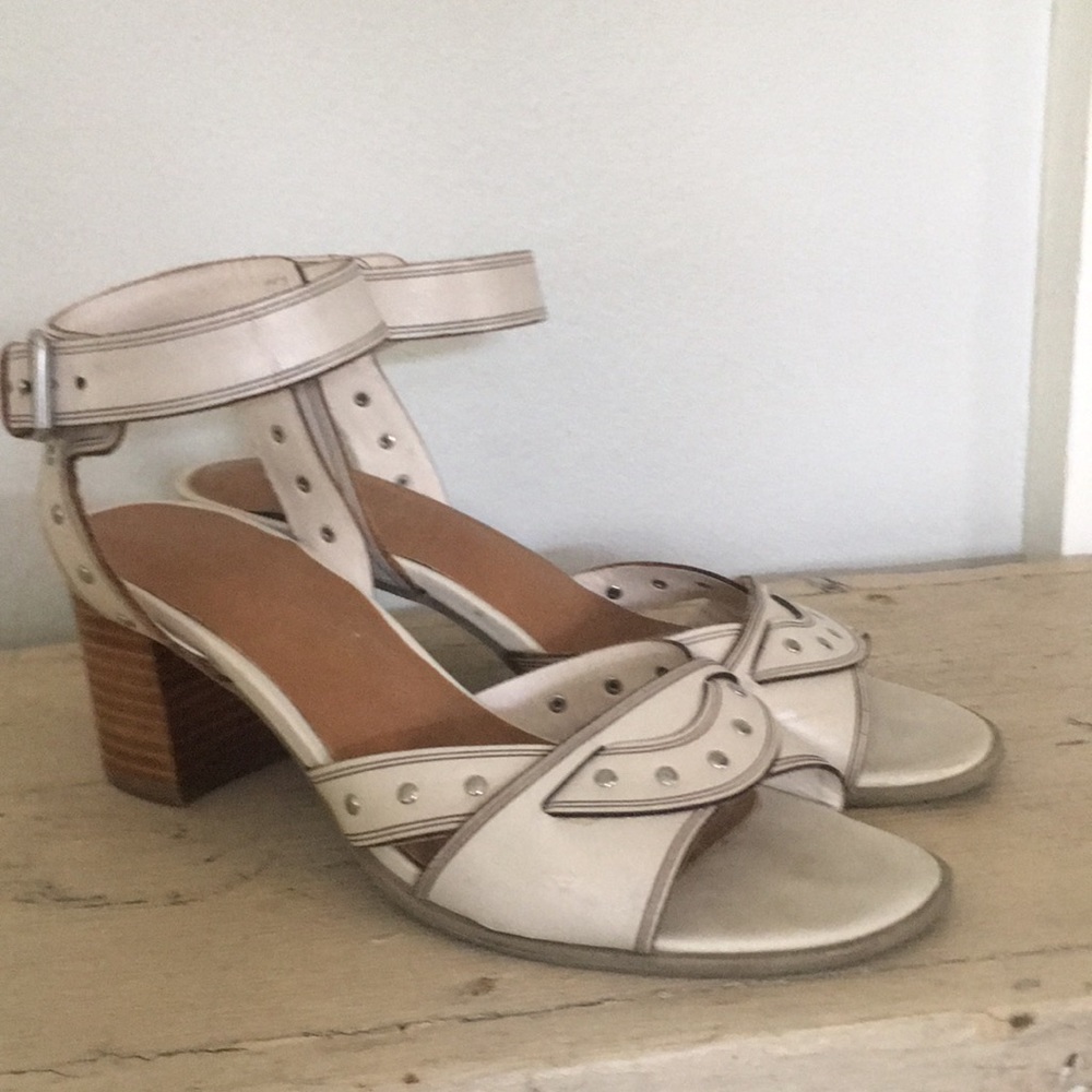Marks & Spencer block heel neutral sandals w/studs